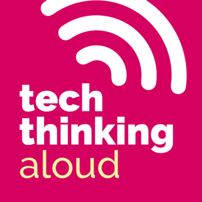 tech thinking aloud in white text with sound waves extending outward from the 'h' in tech, on a pink background